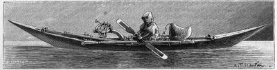 Mostra della Groenlandia alla Società di Geografia, Parigi: Modello di un kayak realizzato dagli Eschimesi. Incisione in "La Nature: revue des sciences et de leurs applications aux arts et a l