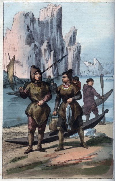 Uomini e donne della Groenlandia che tornano dalla pesca - incisione da "Usi e Costumi di Tutti i Popoli dell