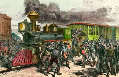Sciopero sulla linea ferroviaria che collega Baltimora, Ohio. I lavoratori inseguono i conducenti e gli ingegneri da un treno diretto a Baltimora. 1877, incisione del 19° secolo Collezione privata da Unknown artist