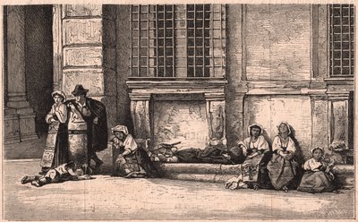 Gruppo di contadini napoletani seduti davanti al Palazzo Farnese a Roma, Italia da Unknown