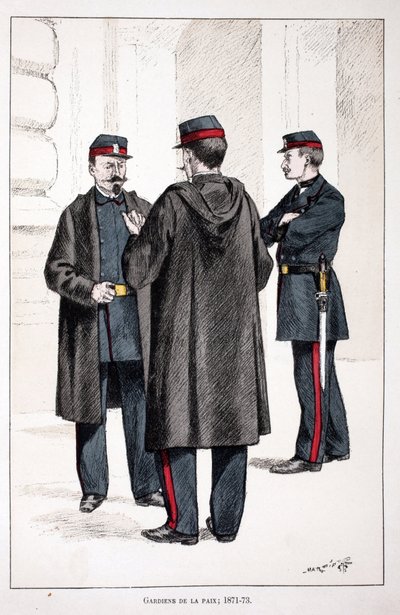 Guardiani della Pace (1871-1873). Acquaforte a colori, per illustrazione Histoire du corps des gardiens de la paix, libro pubblicato sotto gli auspici di Louis Lepine, prefetto di polizia della Senna, di Alfred Rey e Louis Feron da Unknown artist