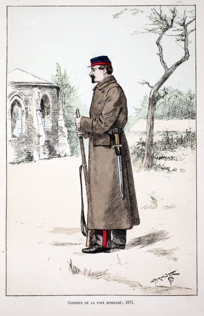 Guardiani della Pace mobilitati (1871). Acquaforte a colori, per illustrazione “Histoire du corps des gardiens de la paix” libro pubblicato sotto gli auspici di Louis Lepine (1846-1933) prefetto di polizia della Senna, di Alfred Rey (1864-?) e Louis Feron  da Unknown artist