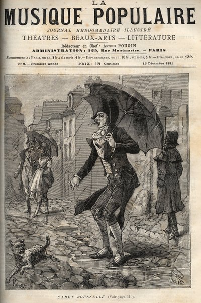 Guillaume Joseph Rousselle (Roussel), detto Cadet Rousselle (1743-1807), ufficiale giudiziario francese, sotto la pioggia in una rue di Parigi. incisione in "La musica popolare" Illustrato settimanale - 1881 da Unknown artist
