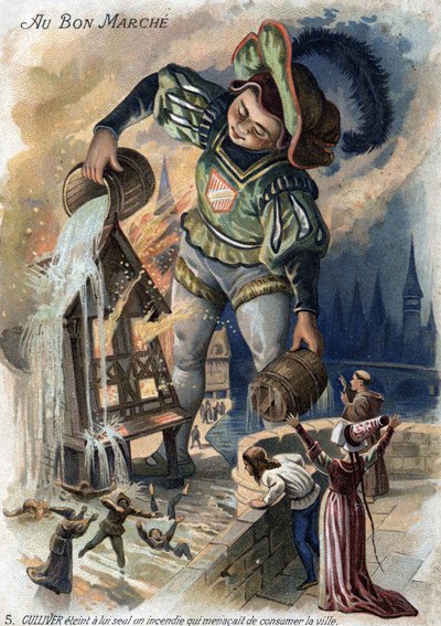 I viaggi di Gulliver di Jonathan Swift. Gulliver da solo spense un incendio che minacciava di consumare la città di Lilliput. Cromolitografia del XIX secolo da Unknown artist