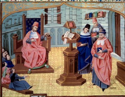 Guy de Chauliac insegnante di chirurgia. Alla sua destra, 6 ascoltatori e alla sua sinistra 3 personaggi che riassumono la storia della medicina: Claudio Galeno, Avicenna, Ippocrate da Unknown artist