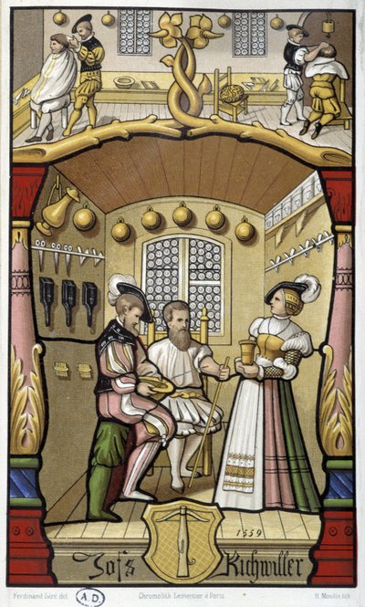Scene di parrucchiere e barbiere - facsimile di una miniatura del 1559 da Unknown artist