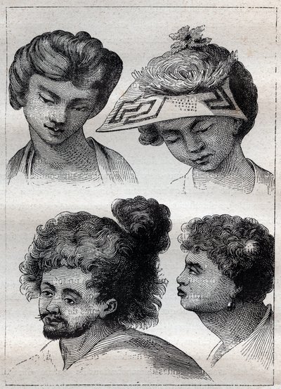 Acconciature degli abitanti di Tahiti - illustrazione tratta da I grandi marinai del XVIII secolo da Unknown artist