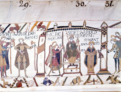Harold II (1022 - 1066) fu proclamato re alla morte di Edoardo il Confessore nel 1066 ma morì presto nella Battaglia di Hastings. Arazzo di Bayeux o Ricamo della Regina Matilde da Unknown artist