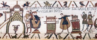 Harold giura un sacro giuramento a Guglielmo a Bayeux, Arazzo di Bayeux da Unknown artist