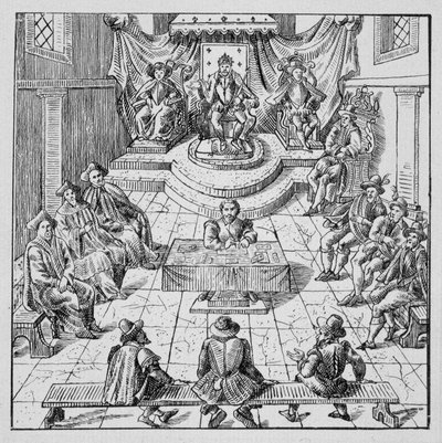 Enrico III (1551 - 1589) che tiene gli Stati Generali a Blois nel 1576 - in "Collezione di 39 figure che rappresentano le calamità della Francia dal 1562 al 1586"; Louis Perrin imprimerie da Unknown artist