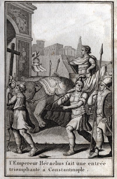 Eraclio I (Flavio Eraclio, Herakleios) (circa 575-610/641), imperatore bizantino, fa un ingresso trionfale a Costantinopoli. Salì su un carro trainato da quattro elefanti e portò davanti a sé la Vera Croce (Santa Croce) che era stata presa da da Unknown artist