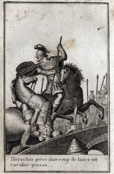 Eraclio I, imperatore bizantino, trafigge un cavaliere persiano (guerra contro i Persiani), VII secolo. Incisione in 