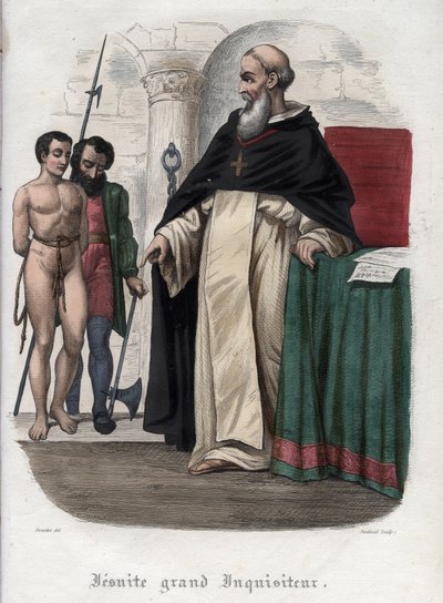 Prigioniero eretico e Grande Inquisitore gesuita al tempo del regno di Papa Clemente VIII (1592-1605). Incisione del 1842 in "Histoire des papes" di Maurice Lachatre. Collezione privata. da Unknown artist