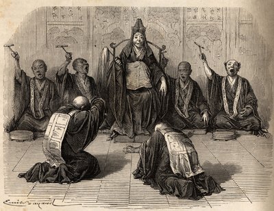 Alto sacerdote buddista adorato, circondato dai suoi discepoli che ritmano il rituale con gong e cembali. Incisione per illustrare il viaggio in Giappone nel 1863-1864, di Aime Humbert, ministro della Confederazione Svizzera, in “Le tour du monde, nouveau  da Unknown artist