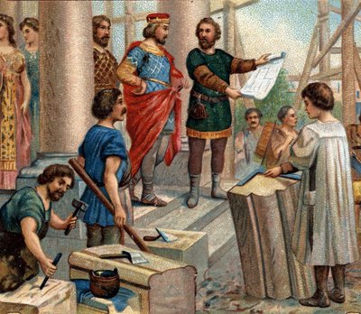 Episodi storici di città famose: Clodoveo elige Parigi come residenza permanente (nel 508). Cromolitografia del XIX secolo da Unknown artist