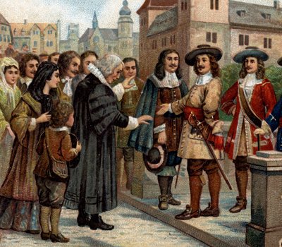 Episodi storici di città famose: Il Grande Elettore, Federico Guglielmo I di Brandeburgo (1620-1688), riceve emigranti francesi a Berlino (1685). Accolse i protestanti francesi che, a seguito della revoca dell