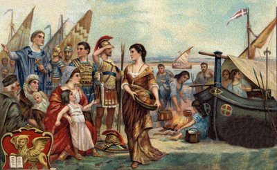Episodi storici di città famose: i Veneti cacciati dagli Unni occupano le lagune (nel 452). È la fondazione di Venezia - Invasioni barbariche - Cromolitografia del XIX secolo da Unknown artist