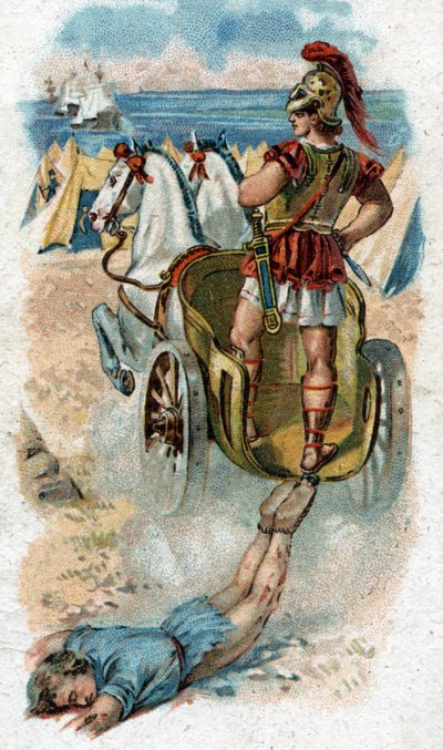 Storia della vita di Achille, leggendario eroe della guerra di Troia: Achille trascina il corpo di Ettore dietro il suo carro. Cromolitografia del 1890. da Unknown artist