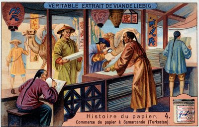 Storia della carta. 4. Commercio della carta a Samarcanda (Turkestan). Cromolitografia Liebig da Unknown artist