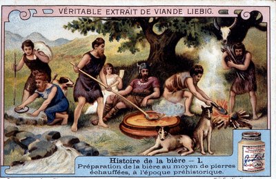 Storia della birra: preparazione della birra con pietre calde in tempi preistorici - adesivo pubblicitario Liébig da Unknown artist
