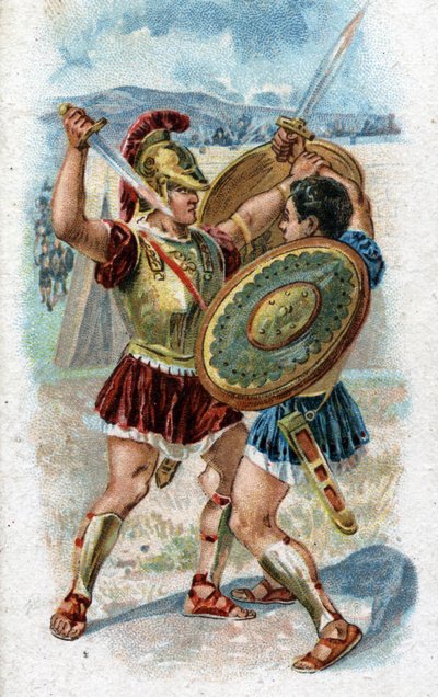 Storia della vita di Achille, eroe leggendario della Guerra di Troia: Achille combatte Ettore per vendicare la morte di Patroclo. Cromolitografia del 1890. da Unknown artist