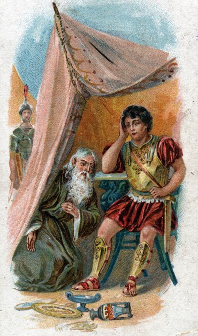 Storia della vita di Achille, leggendario eroe della guerra di Troia: il vecchio saggio Nestore convince Patroclo, amico di Achille, a sostituirlo per combattere la città di Troia. Cromolitografia del 1890. da Unknown artist
