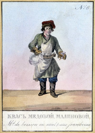 Venditore di bevande al miele e lampone in Russia nel XIX secolo. Illustrazione del XIX secolo da Unknown artist
