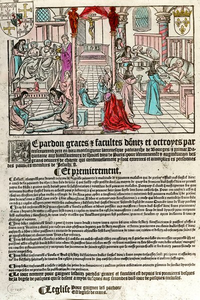 Ospedale nel XVI secolo: Lettera di indulgenza (Destra: scena di ospedale. Sinistra: morenti e morti). Incisione del XVI secolo. Collezione privata. da Unknown artist