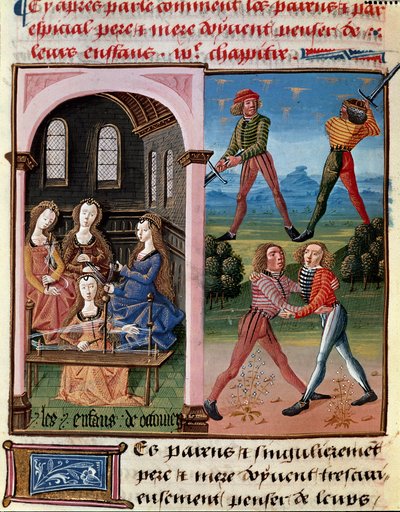 Come i genitori dovrebbero pensare ai loro figli; i figli di Ottaviano imparano la cavalleria e il lavoro della lana. Miniatura tratta dal Libro delle buone maniere di Jacques Legrand da Unknown artist