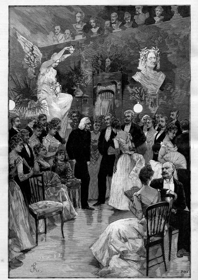 Compositore e pianista ungherese Franz Liszt (1811-1886) a Parigi durante una celebrazione in suo onore nel laboratorio dello scultore Cyprian Godebski (1835 - 1909). Incisione in “Le Monde illustrato” da Unknown artist