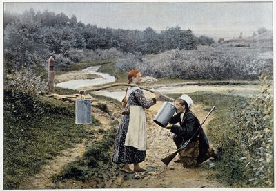 Cacciatore e ragazza alla fontana (Russia) - fotografia, fine XIX secolo da Unknown artist