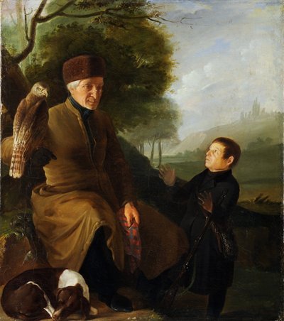 Cacciatore con falco. Ritratto del Principe Platon Aleksandrovič Zubov e Ivan Andreevič Jakubovskij da Unknown artist