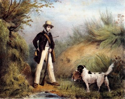 Cacciatore con il suo cane. Stampa del XIX secolo. Gien, museo della caccia da Unknown artist