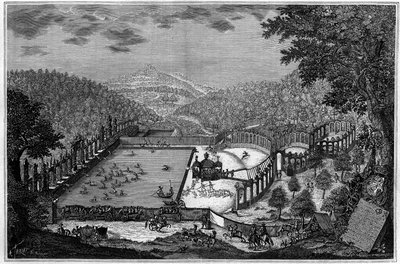 Caccia in Germania nel XVIII secolo: una caccia al cervo vicino a Leonberg nel 1748. (Da una fotografia). Incisione in "La Nature: revue des sciences et de leurs applications aux arts et à l