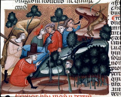 Scene di caccia. Miniatura tratta dal Codice di Giustiniano, una raccolta di leggi e istituzioni pubblicate sotto l