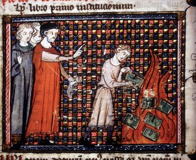 Iconoclasti che gettano manoscritti miniati nel fuoco. Manoscritto del XIV secolo da Unknown artist