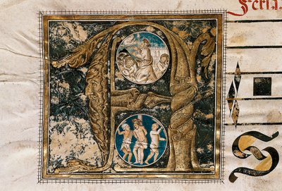 Lettera miniata della predicazione di Gesù davanti agli apostoli e la flagellazione, tratta da un manoscritto di canti liturgici da Unknown artist
