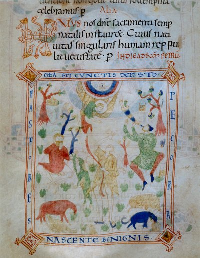 Pagina miniata di pecore e pastori, parte del Codice di Varmondo, c.1000 da Unknown