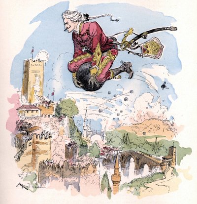Illustrazione di Albert Robida in “Histoire et aventures du Baron de Munchausen, H. Laurens Ed., fine XIX secolo” da Unknown artist