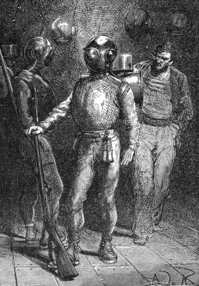 Illustrazione di "Ventimila leghe sotto i mari" di Jules Verne. Un marinaio del Nautilus con lo scafandro Rouquayrol-Denayrouze. Incisione del XIX secolo da Unknown artist