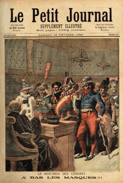 Illustrazione per il Mercoledì delle Ceneri, dopo il Carnevale di Mardi Gras, i costumi della festa passano davanti al giudice per svelarsi. Incisione in 