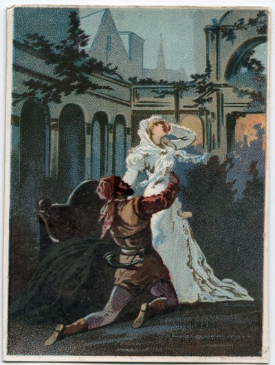 Illustrazione di "Ernani" del compositore italiano Giuseppe Verdi (1813-1901), atto 2, scena IV opera creata nel 1844 dopo la tragedia "Hernani" di Victor Hugo. Cromolitografia della fine del XIX secolo da Unknown artist