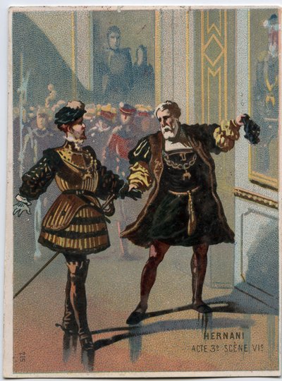 Illustrazione di "Ernani" del compositore italiano Giuseppe Verdi (1813-1901), atto 3, scena VI opera creata nel 1844 dopo la tragedia "Hernani" di Victor Hugo. Cromolitografia della fine del XIX secolo. da Unknown artist