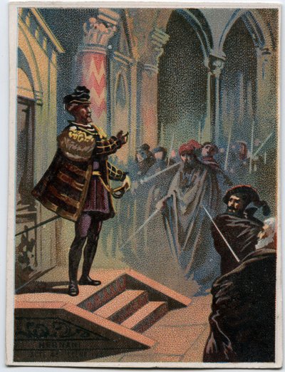 Illustrazione di “Ernani” di Giuseppe Verdi, atto 4, scena I, opera creata nel 1844 dopo la tragedia “Hernani” di Victor Hugo. Cromolitografia della fine del XIX secolo. da Unknown artist