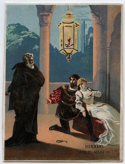 Illustrazione di "Ernani" del compositore italiano Giuseppe Verdi (1813 - 1901), atto 5, scena VI opera creata nel 1844 dopo la tragedia "Hernani" di Victor Hugo. Cromolitografia della fine del XIX secolo da Unknown artist