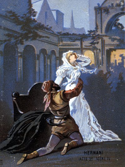 Illustrazione di Ernani del compositore italiano Giuseppe Verdi (1813 - 1901), atto II, scena 4, opera creata nel 1844 dopo la tragedia Hernani di Victor Hugo. Cromolitografia della fine del XIX secolo da Unknown artist