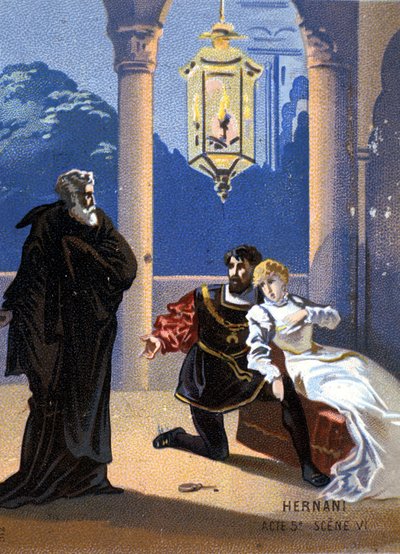 Illustrazione di "Ernani" del compositore italiano Giuseppe Verdi (1813 - 1901), atto V, scena 6, opera creata nel 1844 dopo la tragedia di Victor Hugo "Hernani". Cromolitografia della fine del XIX secolo da Unknown artist