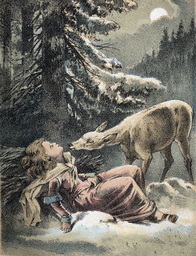 Illustrazione dei racconti di Franz Hoffmann "Racconti e Favole - Von Weifshändchen und breitfüßchen": una ragazza svenuta nella neve e un cervo. Cromolitografia del XIX secolo da Unknown artist