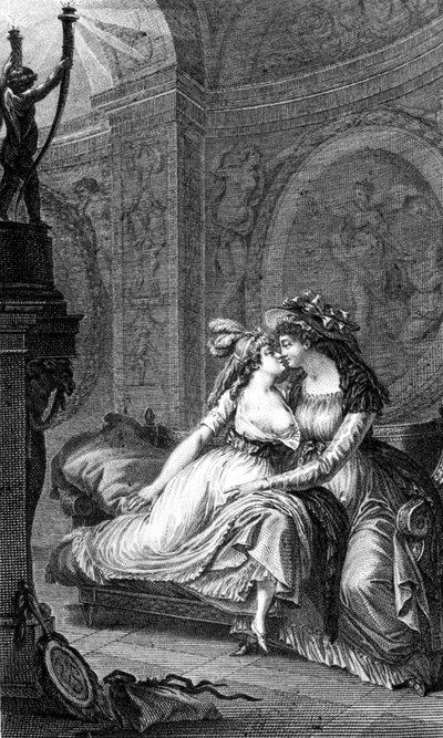 Illustrazione di "Le relazioni pericolose" di Choderlos de Laclos (1741 - 1803): scena di libertinaggio tra due donne. da Unknown artist