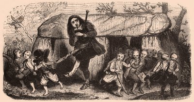 Illustrazione di una leggenda secondo le tradizioni bretoni: il suonatore di cornamusa Lao e folletti che danzano davanti a un dolmen da Unknown